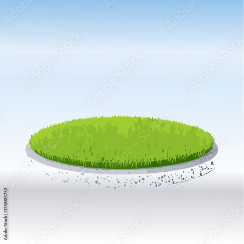 3D round grassy platform island with summer green lawn on the background of a light blue sky with clouds. 3D rendered stone podium with green grass
