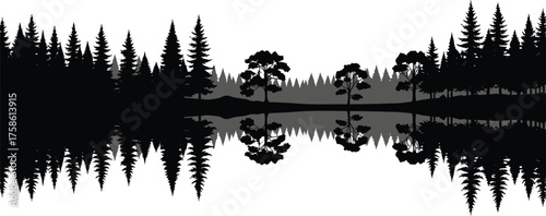 Forest reflection silhouette, pine tree landscape, calm lake mirror, black vector, nature symmetry, peaceful scene, outdoor illustration, tranquil wilderness design