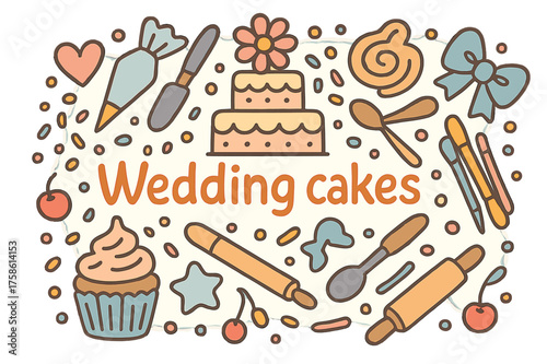 Wedding Cake Doodles. Wedding cakes. Hand-drawn doodle illustration of Wedding cakes. Tiered cake, flower