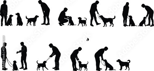Dog training silhouettes, human and pet interaction scenes, leash commands and sitting, crouch and gesture exercises, obedience and companionship illustration
