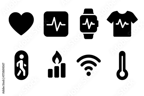 Health Tracking Icons. Health Tracking Features. Filled icon set of Health Tracking Features: heart icon,