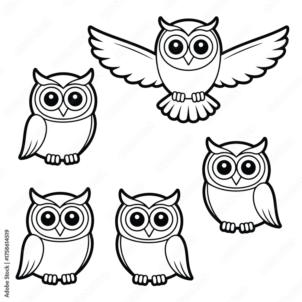 Fototapeta premium Five cartoon owls with large eyes one flying with wings spread illustration bird