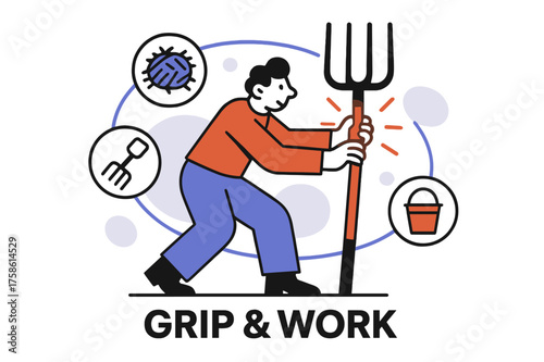 Glowing Pitchfork Magic. Pitchfork handle. Character adjusting glowing pitchfork handle with abstract orbiting