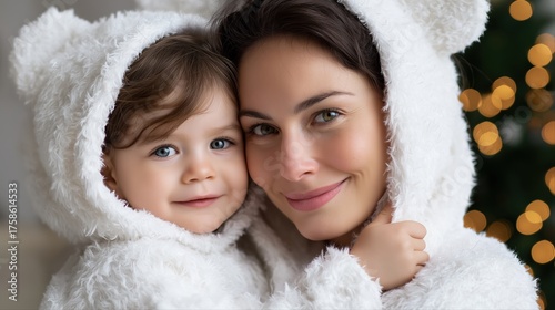 Caucasian female adult and child in cozy white bear costumes smiling by christmas tree