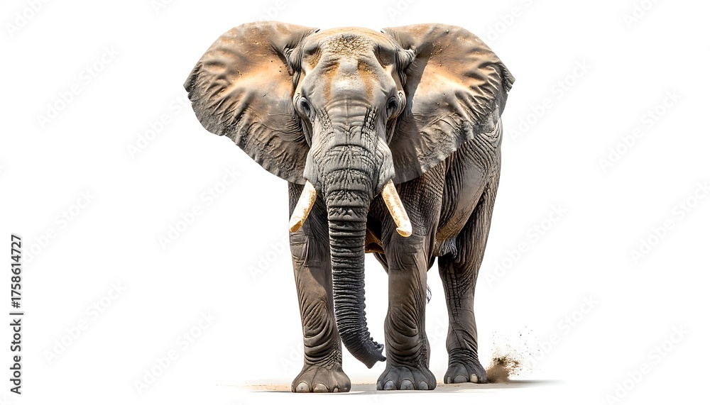 Fototapeta premium Majestic front-facing portrait of a large African elephant, highlighting its tusks and textured skin. Dust kicked up adds dynamic flair against the stark white backdrop
