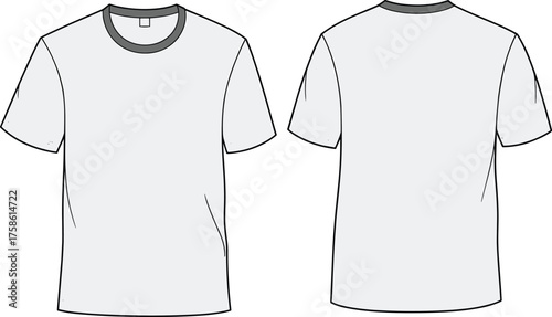 CAD drawing flat vector illustration of plain white t-shirt front and back view, fashion template, apparel design, clothing mockup, garment