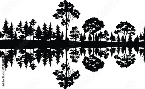 Forest reflection silhouette, tree mirror image, black vector landscape, nature symmetry, calm lake scene, outdoor illustration, peaceful wilderness, tranquil design