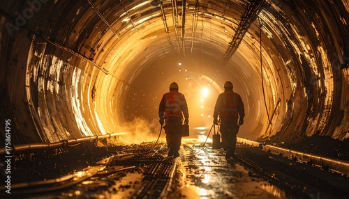 Construction workers walking through tunnel with bright backlight provide strong industrial visual and a sense of progress, strength, and dedication