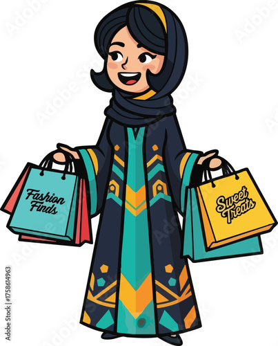 Arab woman shopping with bags wearing traditional clothing smiling happily.