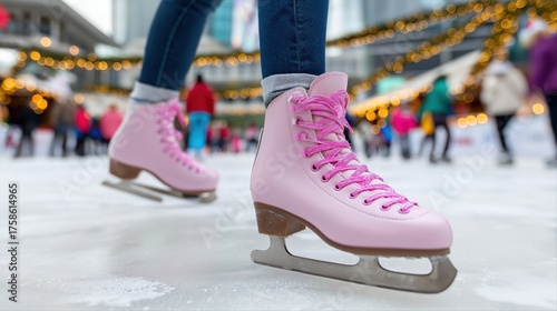 Pink ice skates on ice rink with festive lights and winter activity