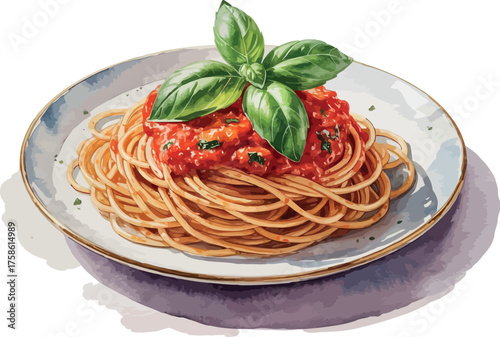 This vibrant watercolor illustration showcases a plate of spaghetti generously topped with a rich red tomato sauce and fresh green basil leaves.