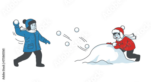 Playful Winter Scene Illustration Featuring Children Engaging in a Snowball Fight and Building a Snow Fort, perfect for winter season projects and children's books