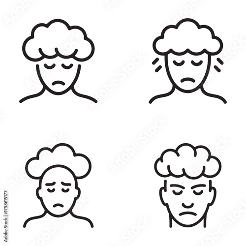 Human silhouette with a cloud of stress over head icon set outline
