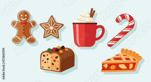 Festive Holiday Treats Illustration Featuring Gingerbread Man, Star Cookie, Hot Chocolate, and Pie for Seasonal Marketing and Celebratory Designs