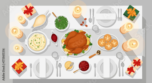 Festive Thanksgiving or Christmas Dinner Table Illustration for Seasonal Greetings, Holiday Invitations, and Culinary-Themed Graphic Design Projects