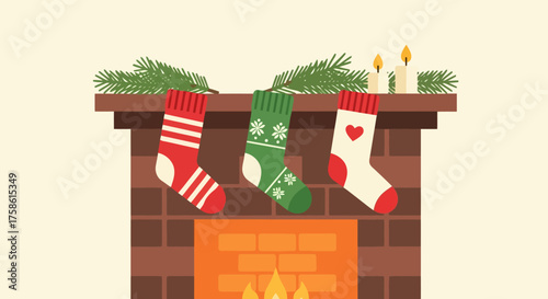Cozy Christmas Fireplace with Decorated Stockings and Warm Fire, Perfect for Holiday Greeting Cards and Festive Backgrounds for Seasonal Promotions