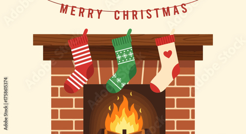Festive Christmas Fireplace Illustration with Hanging Stockings and Merry Christmas Banner. Suitable for holiday greetings, cards, or seasonal design projects.