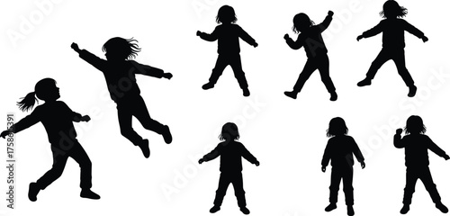 Energetic child silhouette set showing eight dynamic jumping running dancing poses, playful movement sequence, vector illustration for kids activity motion studies