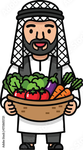 Cartoon Arab Farmer Holding Basket of Fresh Vegetables.