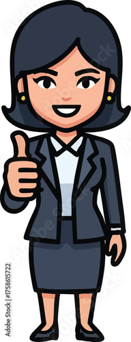 Businesswoman giving thumbs up showing approval and success.