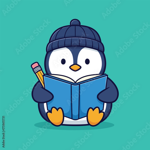 Cute cartoon penguin reading book, adorable educational animal character illustration with blue winter hat in flat vector style