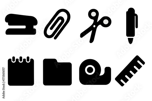 Office Supplies Icons. Office supplies. Filled icon set of Office supplies: stapler, paperclip, scissors, pen,