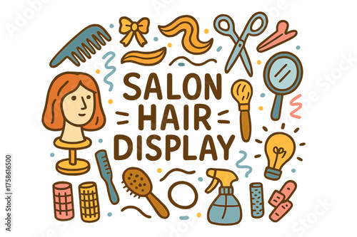 Salon Hair Doodle. Salon Hair Display. Hand-drawn doodle illustration of Salon Hair Display. mannequin head,