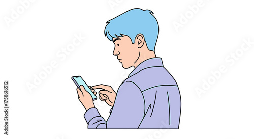 Modern young man interacting with his mobile device, a fresh digital illustration for social media marketing and innovative app designs