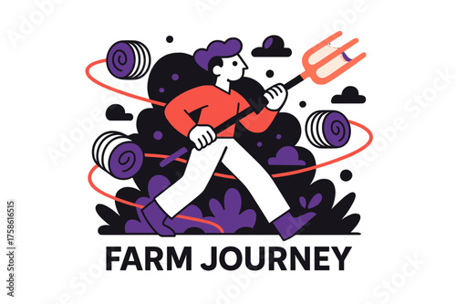 Glowing Pitchfork Adventure. Pitchfork handle. Character carrying glowing pitchfork through abstract field,