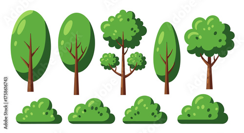 Vibrant cartoon trees and bushes with bright green foliage for nature-inspired designs, perfect for childrens' books or landscaping projects