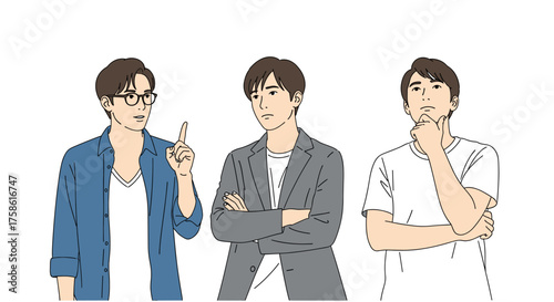 Three diverse young men contemplating innovative ideas and solving complex challenges, perfect for teamwork, brainstorming, and creative problem-solving