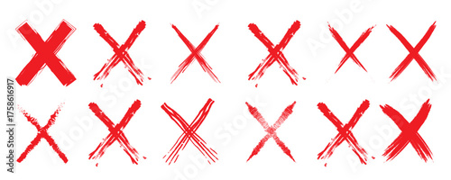 Red Cross Mark Brush Stroke Vector Collection. Set of Hand Drawn Cancel Symbol. Abstract Ink Texture Design. Error or Wrong Sign Design. Set of Hand Drawn cross mark X. Grunge Cross symbol 