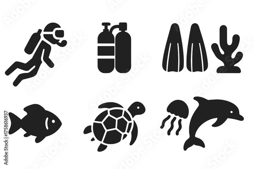 Diving Expedition Icons. Diving expeditions to explore marine biodiversity. Filled icon set of Diving