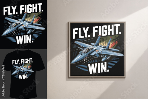 Vector art: Dynamic fighter jet soaring, bold declaration "Rule the Sky, Own the Fight," embodying dominance and aerial supremacy.