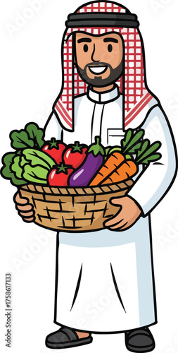 Arab Farmer Holding Basket Full of Fresh Vegetables.