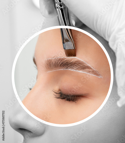 The make-up artist does Long-lasting styling of the eyebrows of the eyebrows and will color the eyebrows. Eyebrow lamination. Professional make-up and face care.