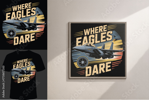 Vector art: Powerful fighter jet soaring, retro graphic with bold text "Above All Above Fear," evoking courage and dominance in aerial combat.