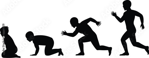 Human movement silhouette sequence, sitting to crawling to running, evolution of motion, physical activity stages, dynamic posture transition, fitness concept, black isolated figures