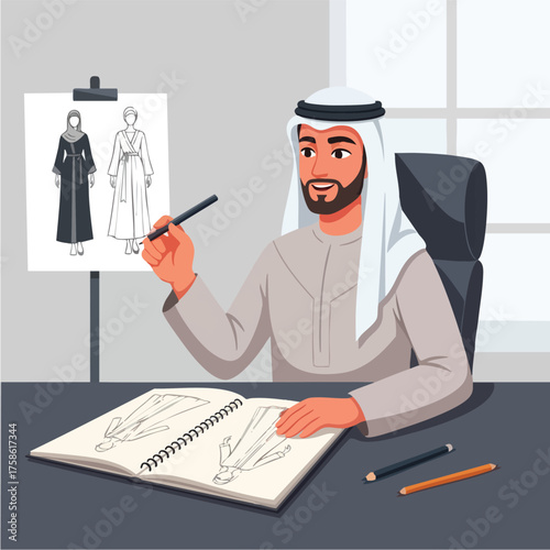Arab fashion designer sketching new clothing designs in his studio.