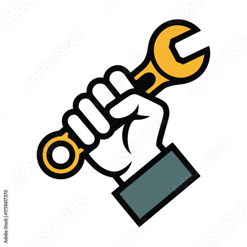 Hand holding a yellow and grey adjustable wrench tool with black outline vector