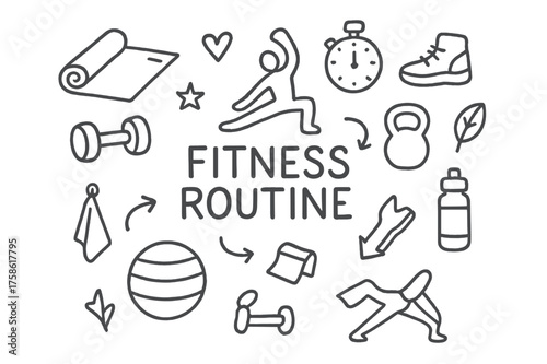 Doodle Fitness Essentials. Fitness Routine. Hand-drawn doodle illustration of Fitness Routine. yoga mat,