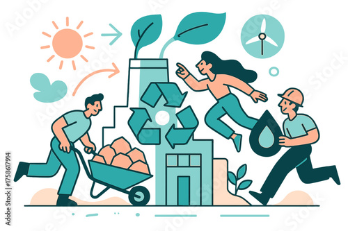 Green Fuel Transformation. Eco-friendly energy. A glowing recycling plant turning mining waste into green fuel