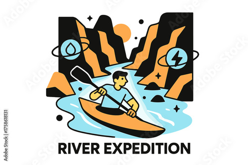 Kayaking Glowing River. Exploring remote and undiscovered landscapes. Character kayaking on glowing river