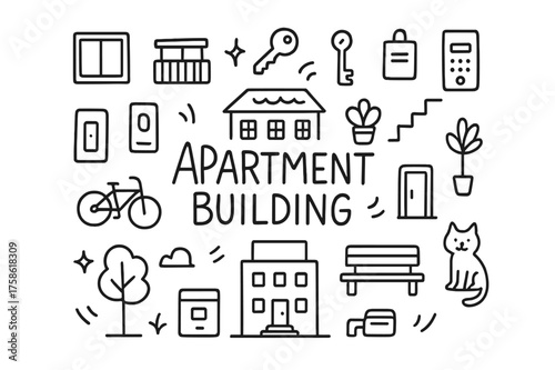 Apartment Doodle Art. Apartment Building. Hand-drawn doodle illustration of Apartment Building. windows,