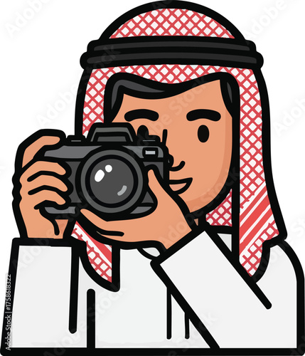 Cartoon of a man in traditional Arab clothing holding a camera.