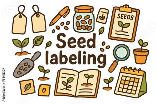 Seed Labeling Doodles. Seed labeling. Hand-drawn doodle illustration of Seed labeling. Label tags, pen, jar,