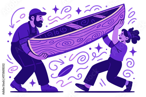 Artisanal Canoe Crafting. Traditional craftsmanship. Two artisans lifting a half-finished canoe together, wood