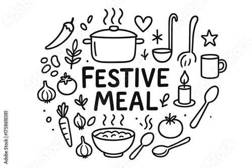Festive Doodle Feast. Festive Meal. Hand-drawn doodle illustration of Festive Meal. big pot, chili, ladle,
