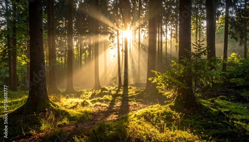 Wallpaper Mural A sunlit forest scene, with light rays streaming through the trees. A path is visible in the mossy undergrowth Torontodigital.ca
