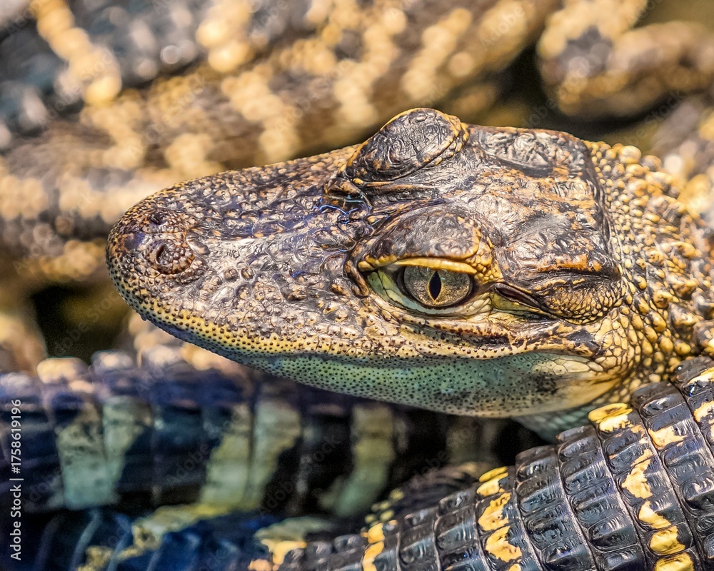 Obraz premium A detailed close-up stock photo of a baby alligator resting near the water’s edge. The reptile’s textured skin, sharp eyes, and tiny teeth are clearly visible, capturing the fascinating features.